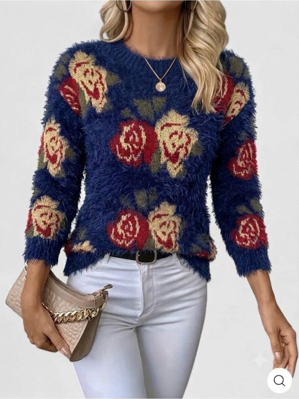 Cotton Emporium Blue Floral Fuzzy Crewneck Sweater S Cabincore